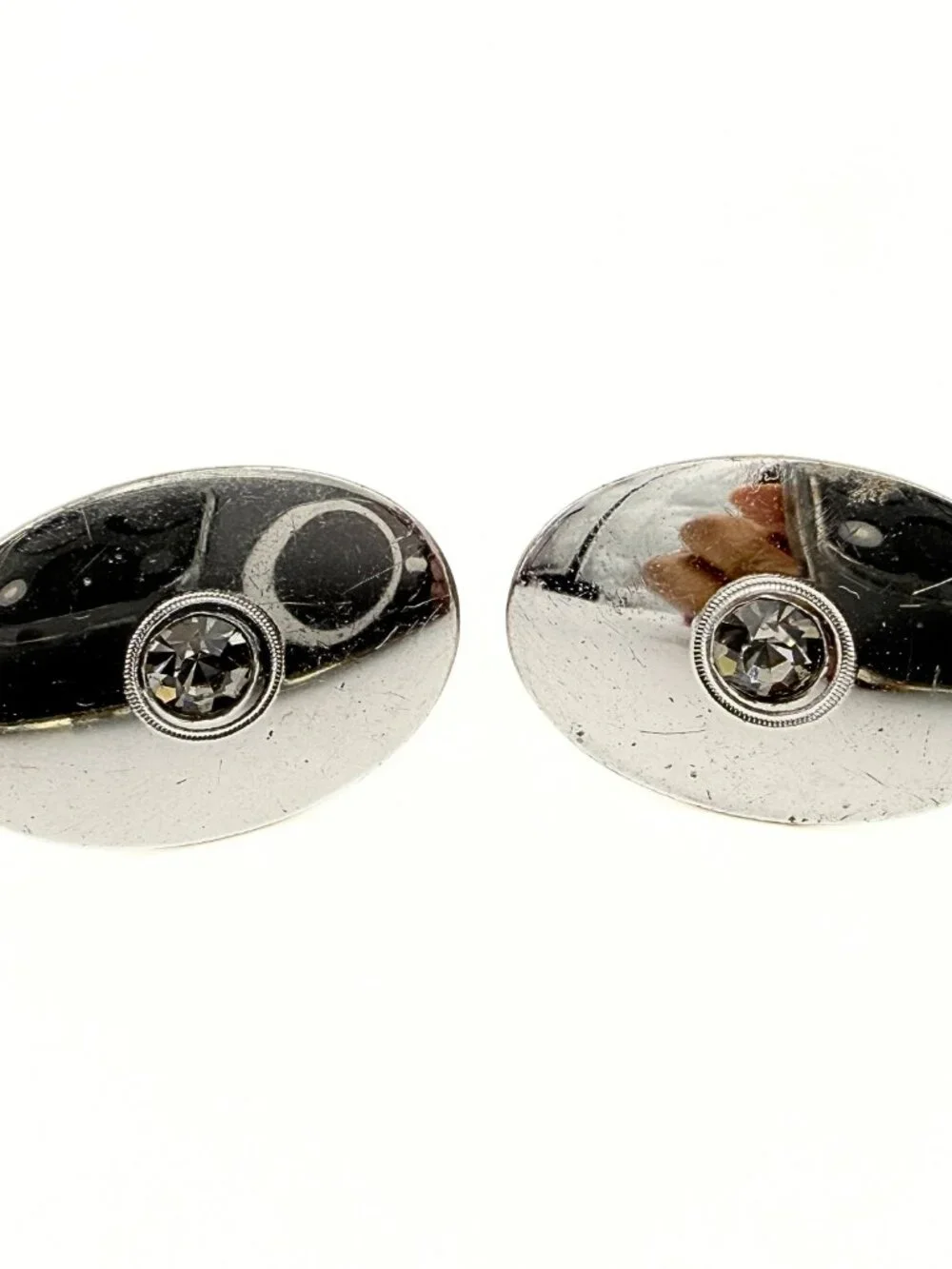 Anson Signed Art Deco Style MCM Silver Plated Rhinestones Minimalist Cufflinks